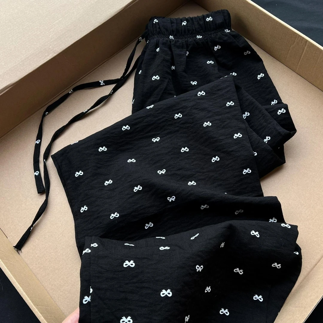 2025年韩版甜美蝴蝶结印花黑色女长裤夏季大码休闲裤可外穿遛弯裤