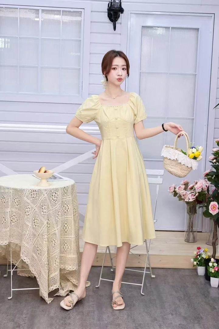 62513方领甜美拼接中长款亮片方领度假连衣裙气质夏季女装
