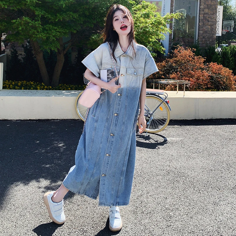 港风渐变色牛仔连衣裙女夏2025新款慵懒宽松遮肚显瘦直筒连身长裙