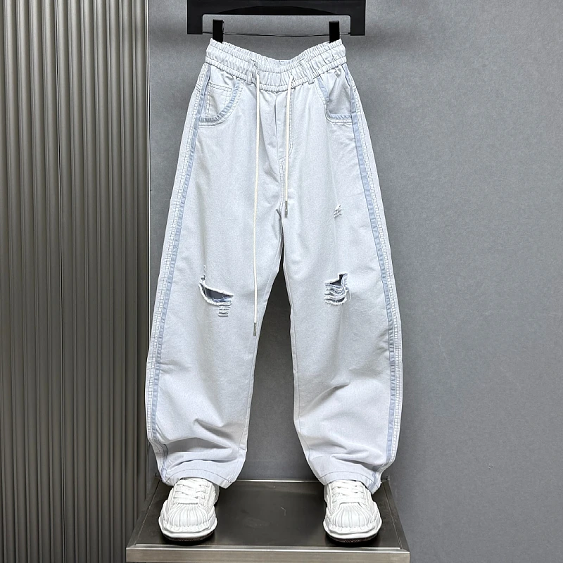 2025夏季新款男士破洞牛仔裤宽松直筒裤潮流百搭休闲裤弯刀阔腿裤