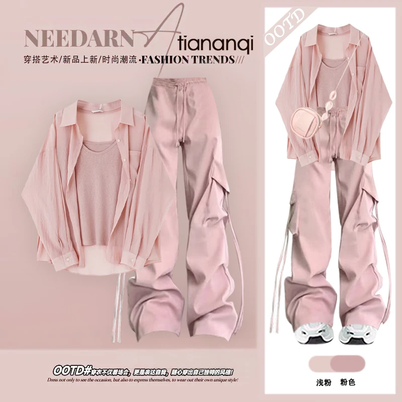 夏季穿搭一整套女2025新款减龄防晒衬衫吊带搭配显瘦工装裤三件套