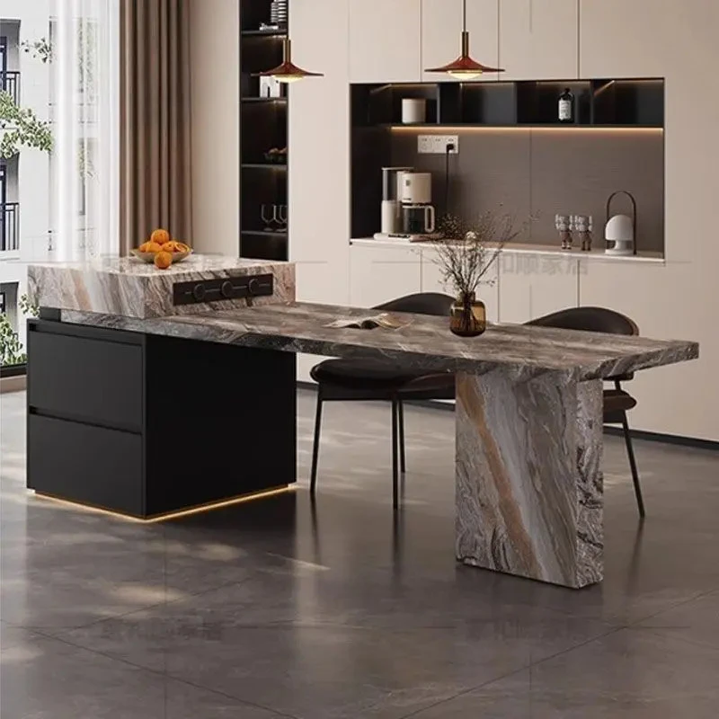 多功能简约实木伸缩家用一体岛台餐桌现代高端小户型岩板中岛导台