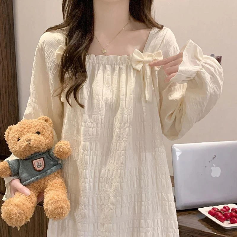 带胸垫云朵棉睡衣女春秋季长袖提色格纯色格甜美公主风家居服睡裙