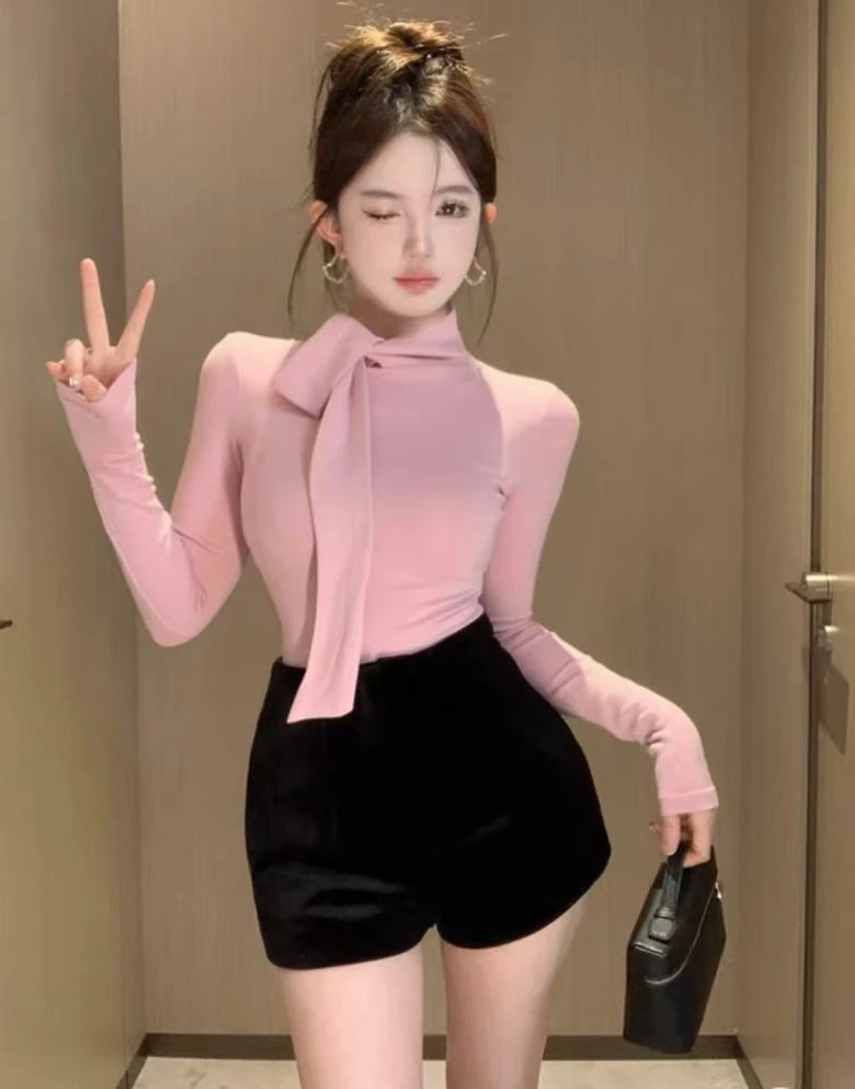 6059纯欲性感系带挂脖上衣修身长袖T恤女新款内搭打底衫