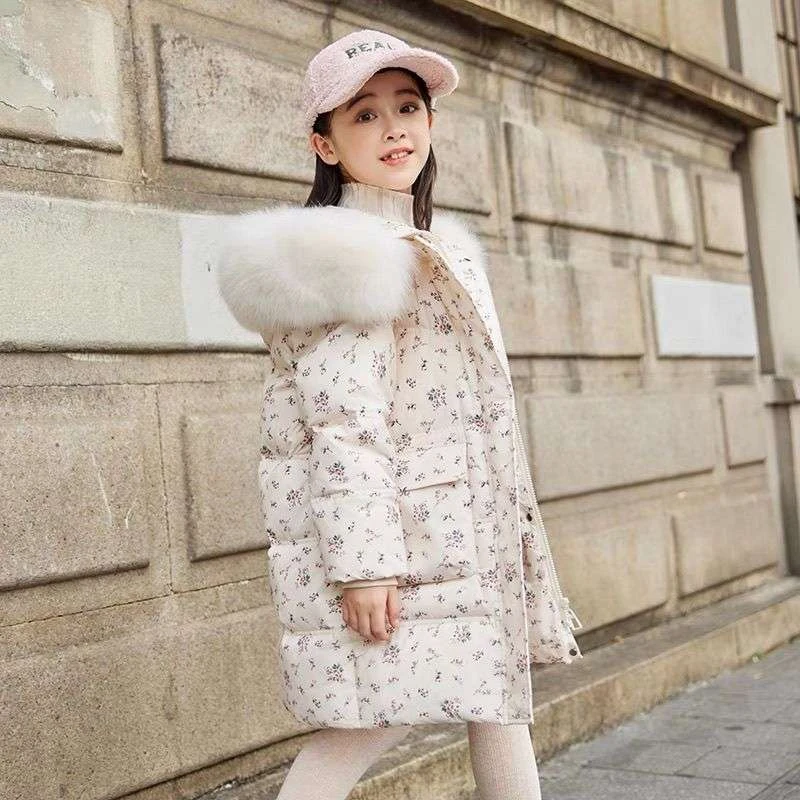儿童羽绒服女中长款碎花大童洋气外套加厚款反季清仓毛领韩版学生