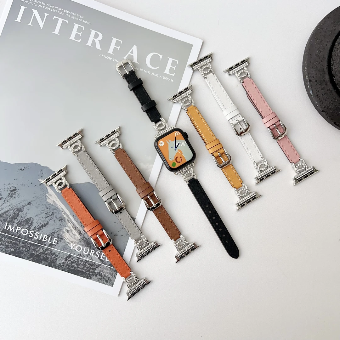 适用苹果手表apple watchS10表带S9高级SE女款S8金属镶钻皮质时尚