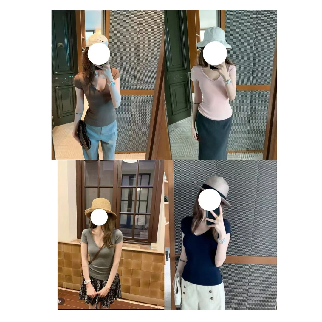 【夜游巴黎】 多色V领纯色百搭显瘦修身正肩上衣   .