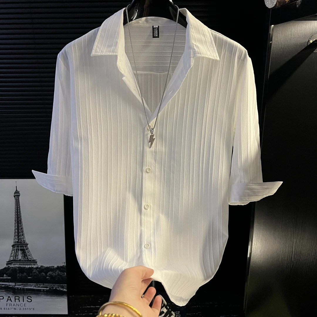 CQ-七分袖衬衫男痞帅夏季薄款男士中袖上衣短袖寸衣休闲条纹长袖