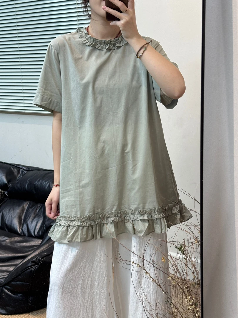 法式上衣黑色花边圆领短袖衬衫女2025新款爆款高级感轻奢减龄洋气