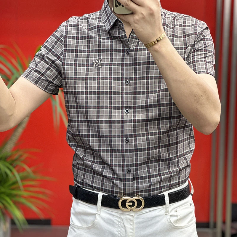 2025夏季衬衫男士短袖格子轻奢衬衣袖休闲