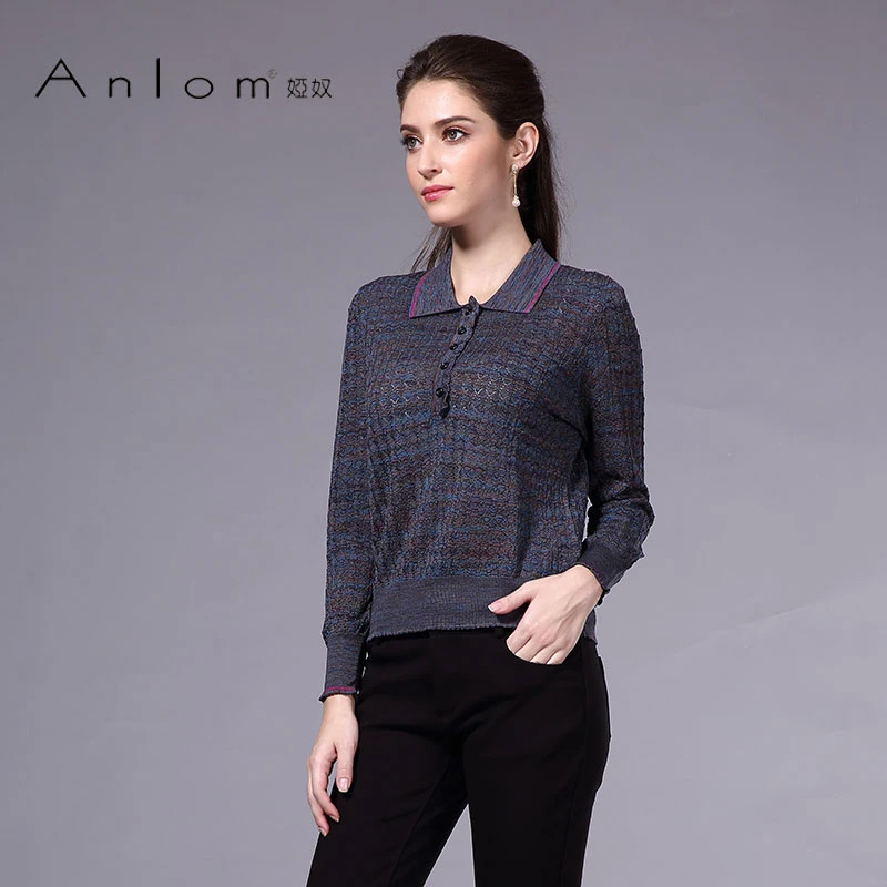 Anlom/娅奴桑蚕丝针织套衫长袖polo领时尚休闲优雅打底衫单件套头