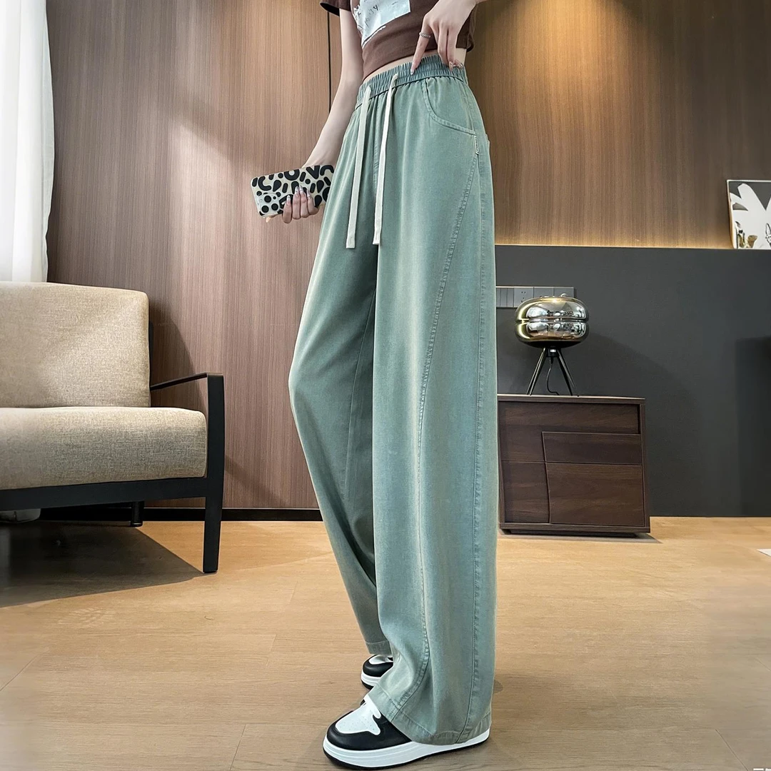 复古蓝天丝香蕉阔腿裤女夏季薄款高腰垂感高个子加长弯刀镰刀裤子