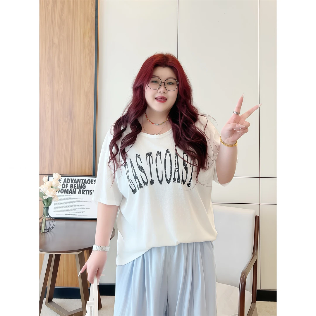 大码女装夏季花契200斤胖mm莱赛尔雪花棉复古印花短袖T恤14782