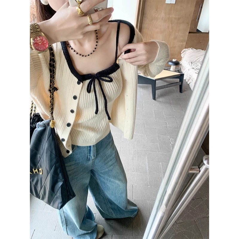 韩系甜美温柔风系带针织开衫配吊带女秋冬季毛衣两件套氛围感穿搭