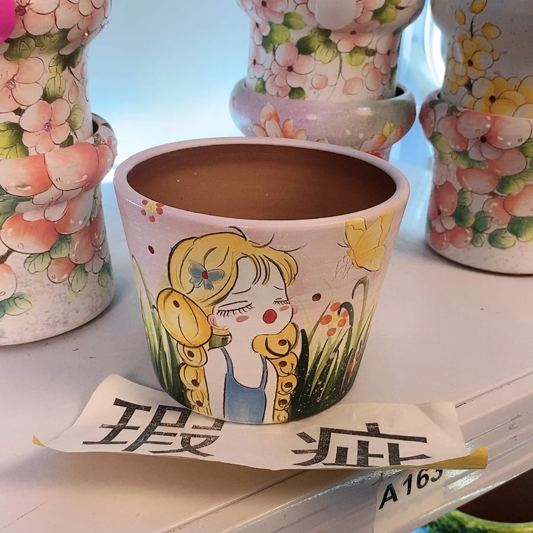 紫砂花盆红陶手绘花盆