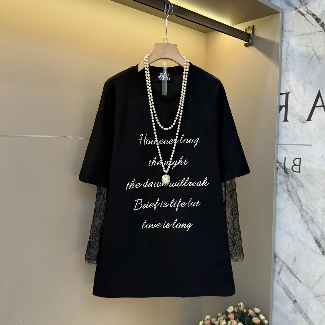 韩系假两件蕾丝拼接长袖T恤女2025早秋字母印花宽松百搭上衣25337