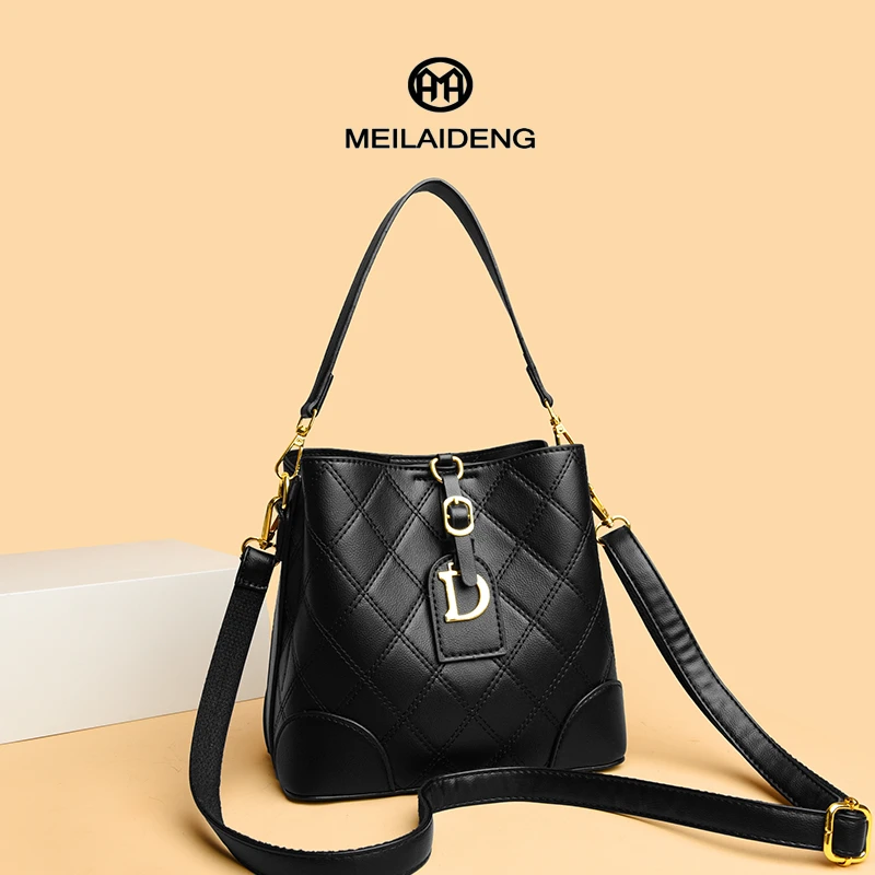 MEILAIDENG新款百搭水桶包女菱格绣线高级感多层单肩斜挎手提女包