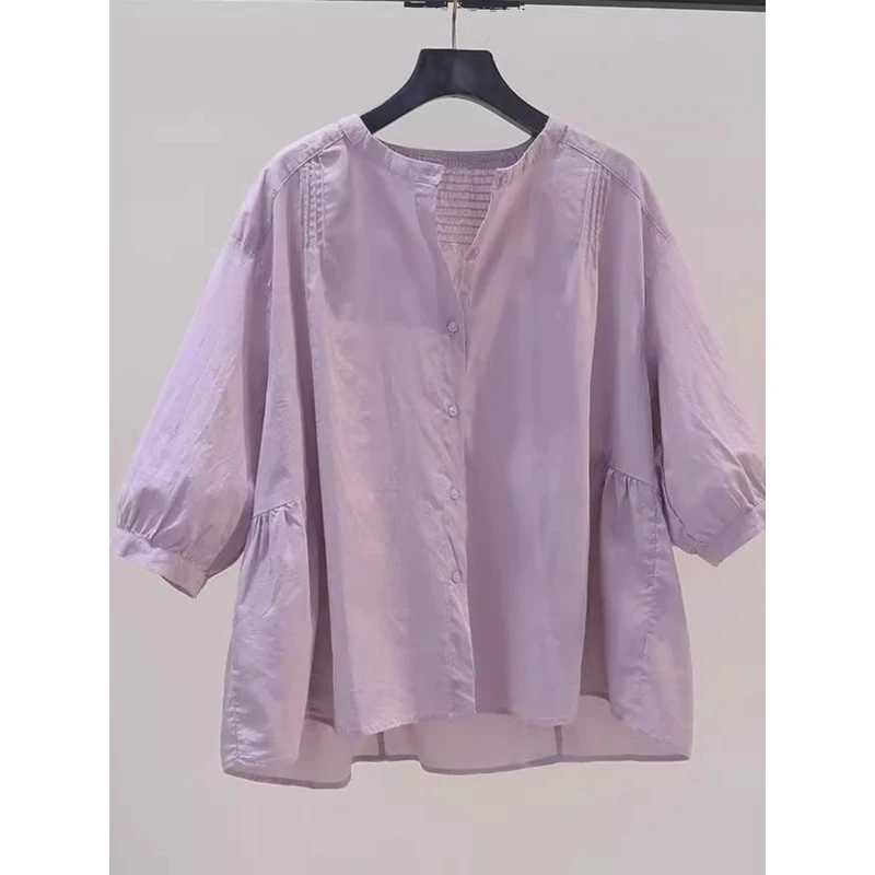 日系浅紫色棉衬衫夏季特大码300斤男女款宽松圆领七分袖衬衣上衣