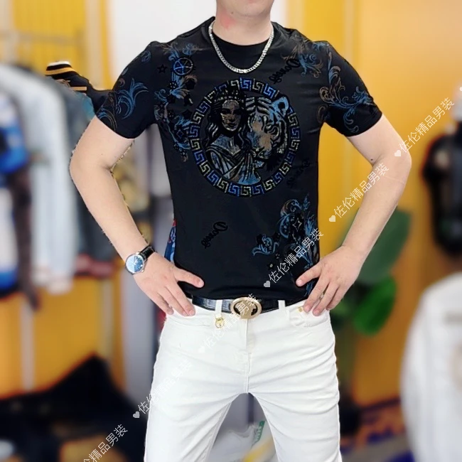 202525035夏季新款时尚男士烫钻修身百搭体恤