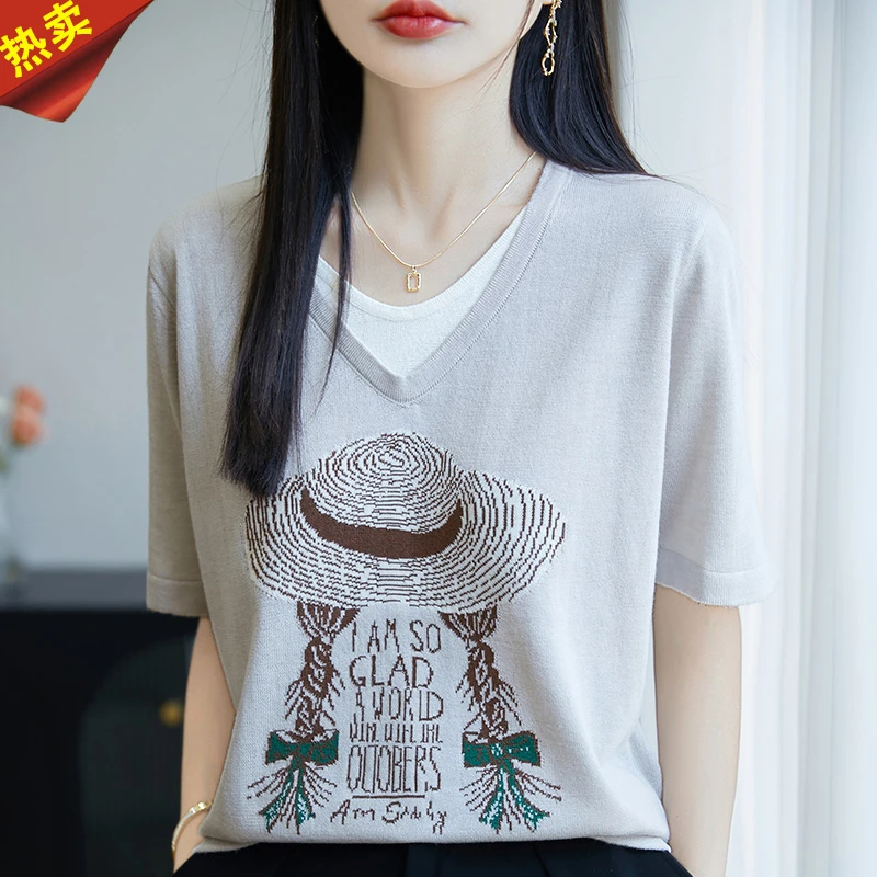 哥弟阿玛施正品夏草帽麻花辫假两件短袖V领针织衫宽松显瘦女上衣
