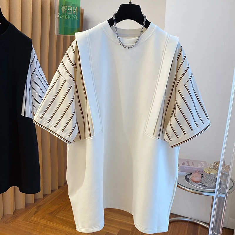 0372新款假两件衬衫拼接t恤连衣裙女夏季欧货宽松大版胖MM卫衣裙