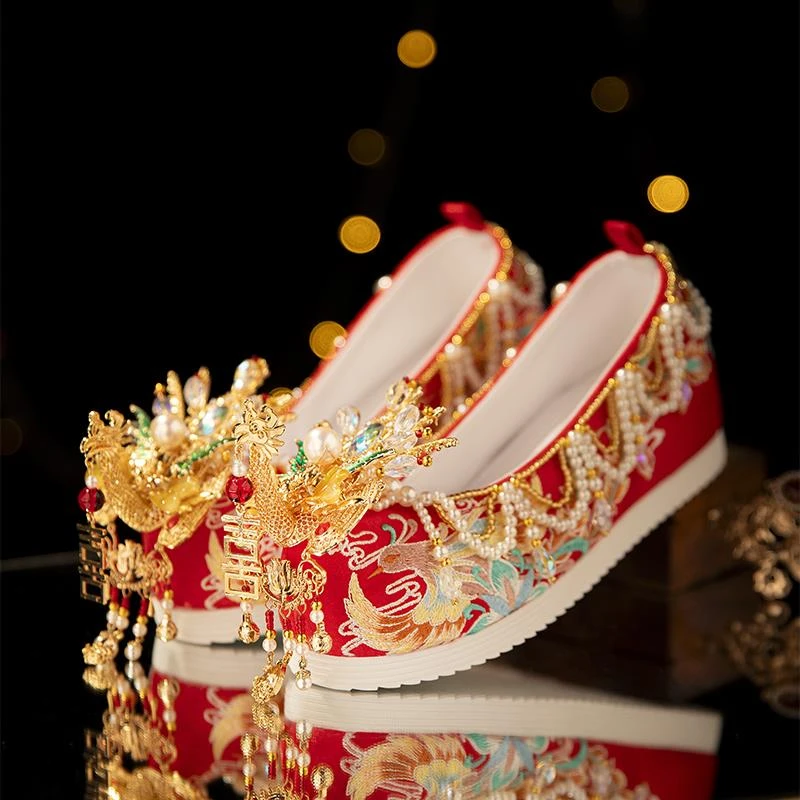 原创手工凤凰中式婚鞋内增高汉婚出阁汉服婚鞋高级感秀禾鞋新娘鞋