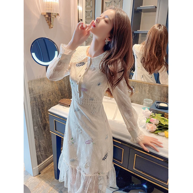 7569春季新款裙子女装气质高档法式修身中长款蕾丝连衣裙鱼尾裙