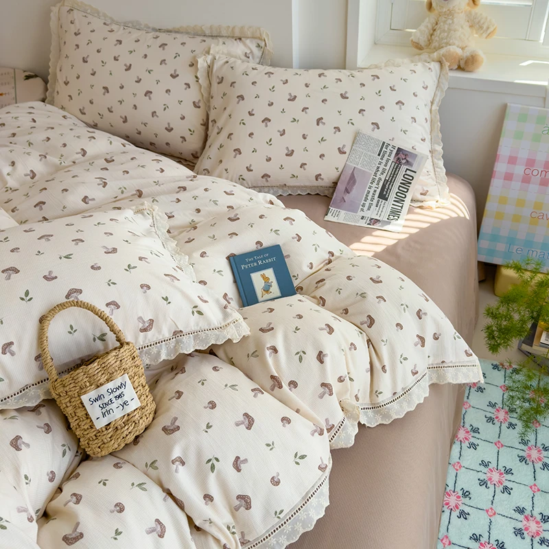 【全棉花边款-咖格蘑菇】法式纯棉皱皱纱四件套印花公主风床上用品
