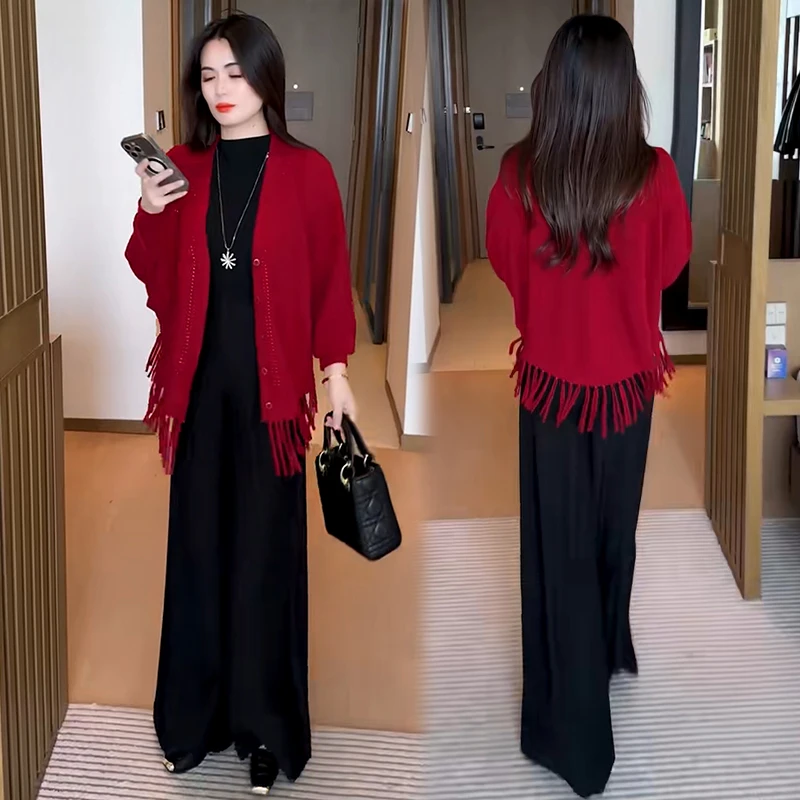 拉夏贝尔长袖针织短外套女秋季新款气质流苏披肩宽松显瘦毛衣开衫