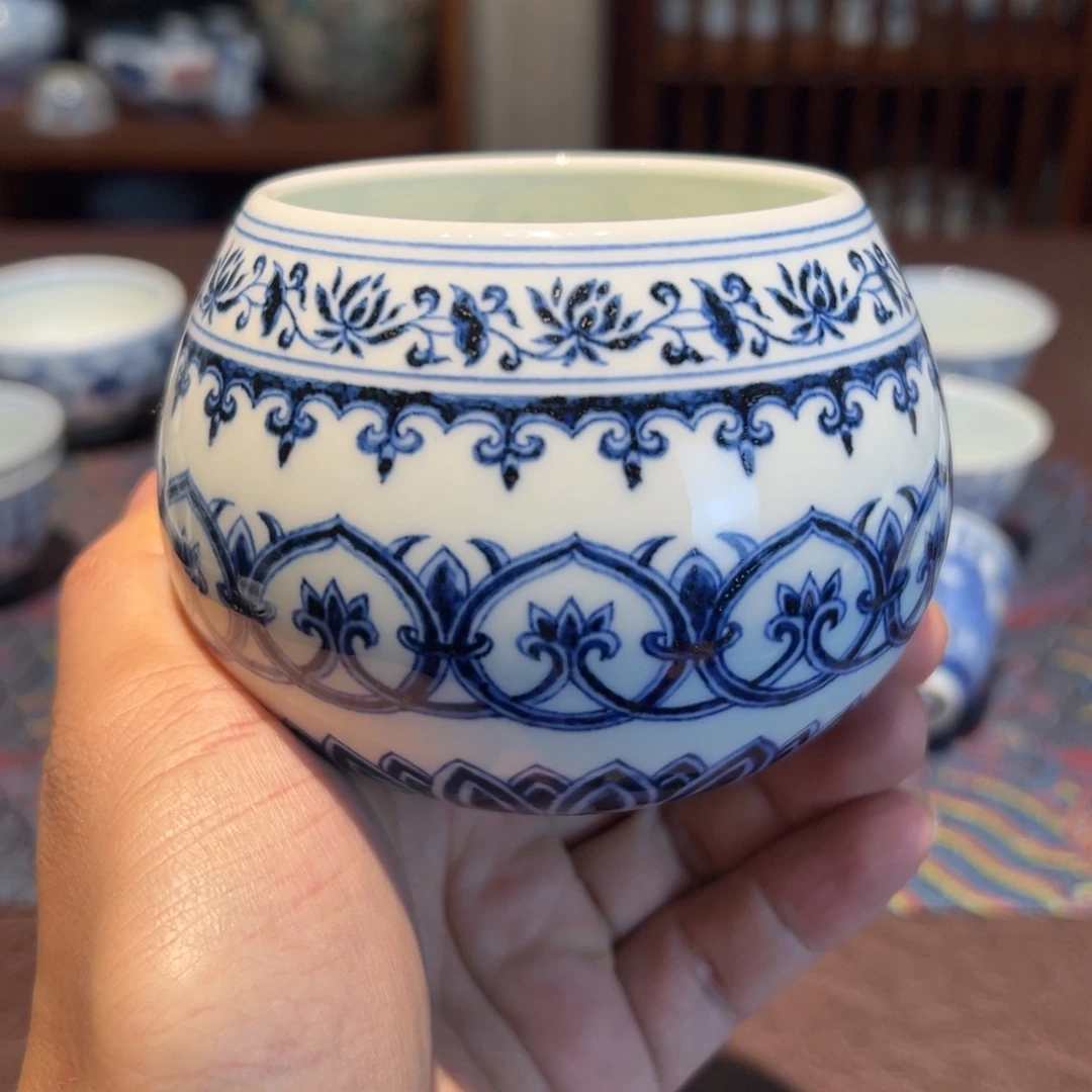 陶精品青花宝相纹小水洗口径约6.9厘米