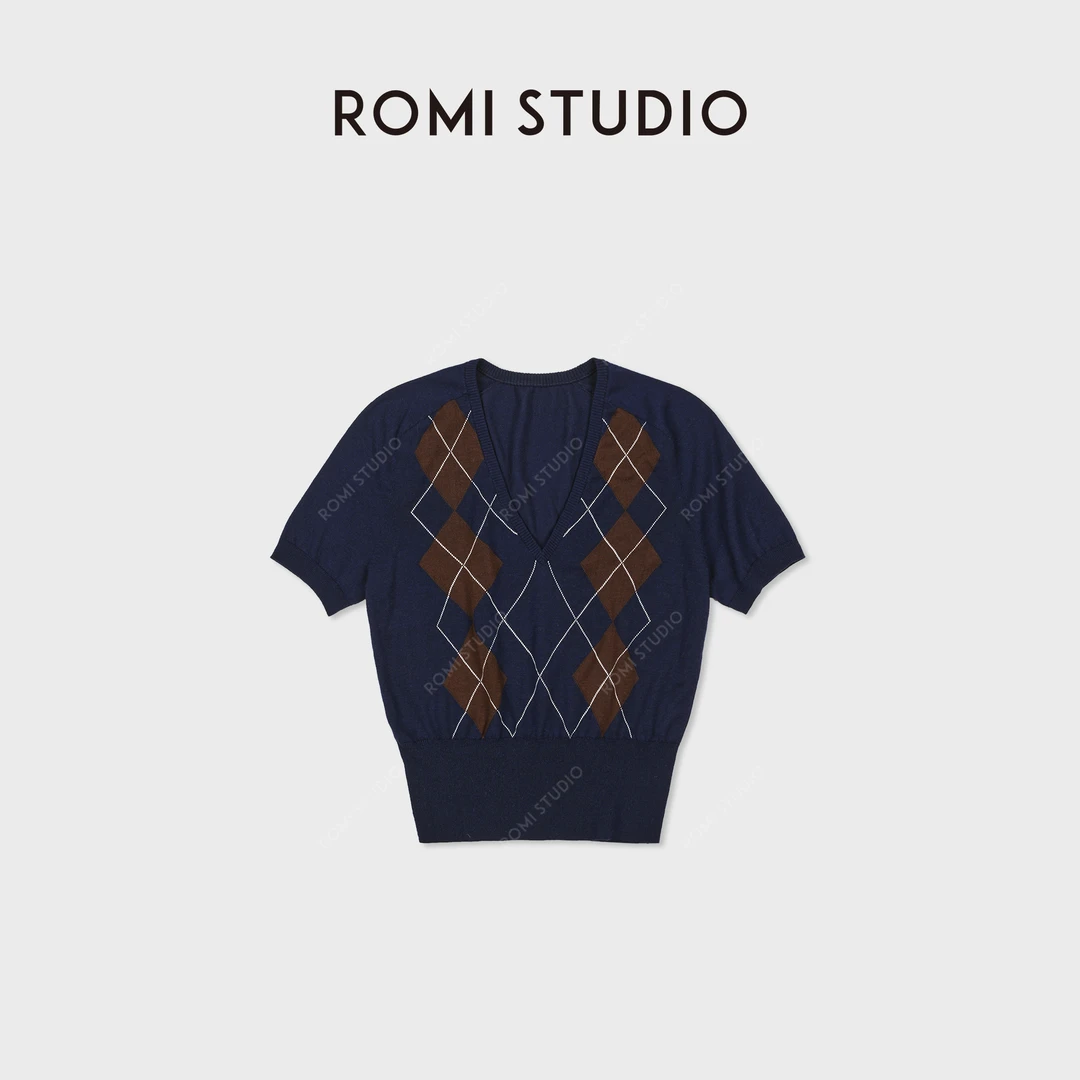 ROMI STUDIO“复古棱格”醋酸莱赛尔混纺嵌花棱格针织衣 RWDRS63660