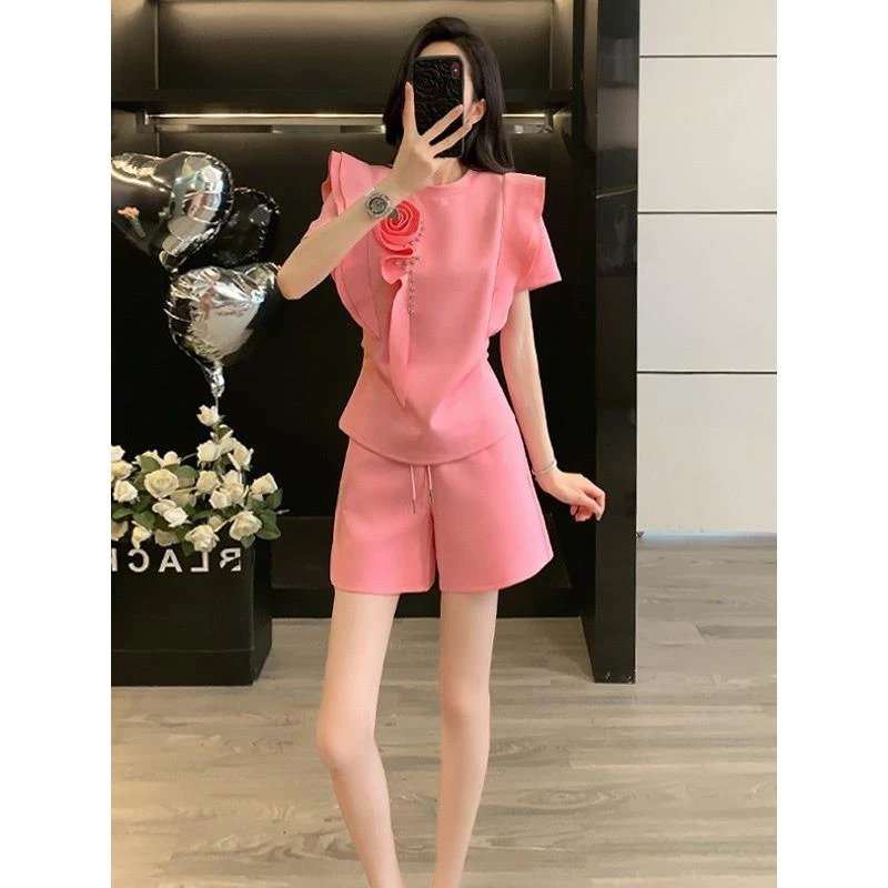 高级感减龄休闲时尚套装女2025夏洋气宽松粉色短袖上衣短裤两件套