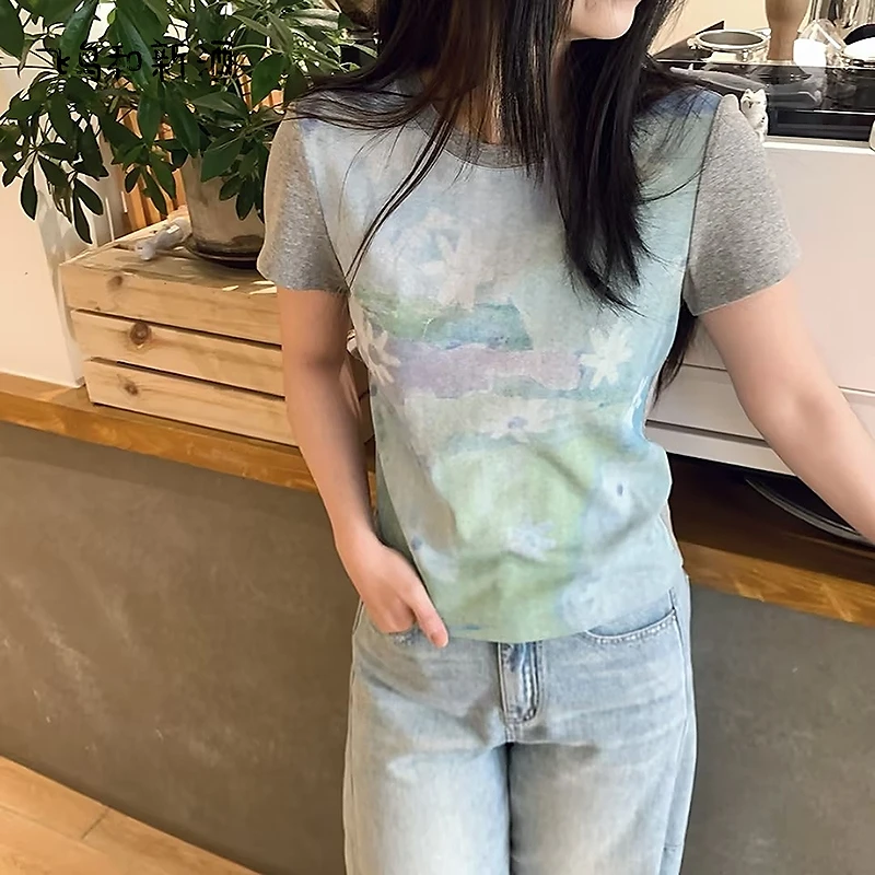 飞鸟和新酒贴布花朵印花T恤春短款宽松休闲圆领上衣FA510091050