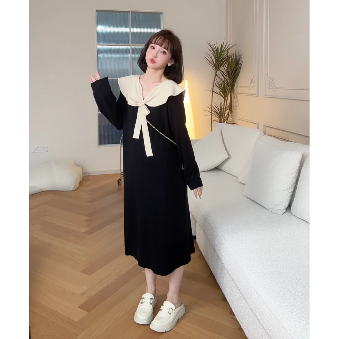 maodan/猫单【松奈黑糖】孕期女装 时尚翻领孕妇连衣裙孕妇装秋冬款