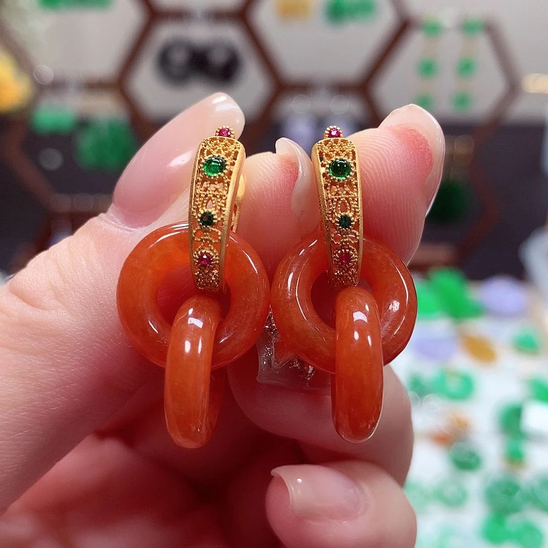 翡翠耳饰银S925镶嵌天然翡翠