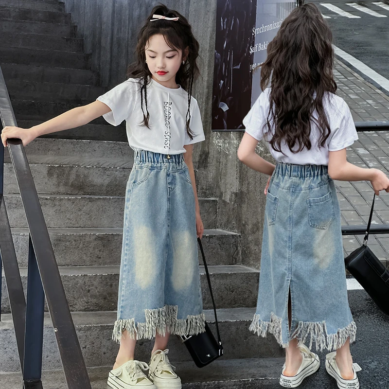 夏季女童2025半身裙新款洋气时髦时尚牛仔裙舒适短袖套装两件套潮