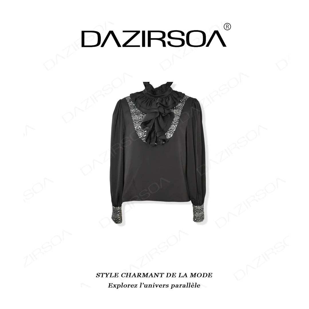 DAZIRSOA/达姿“相生相融”时尚百搭拼接花边领亮片洋气衬衫 X501