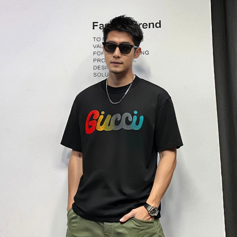 T恤男夏季运动ins半袖重磅宽松刺绣字母短袖植绒潮牌圆领T2055