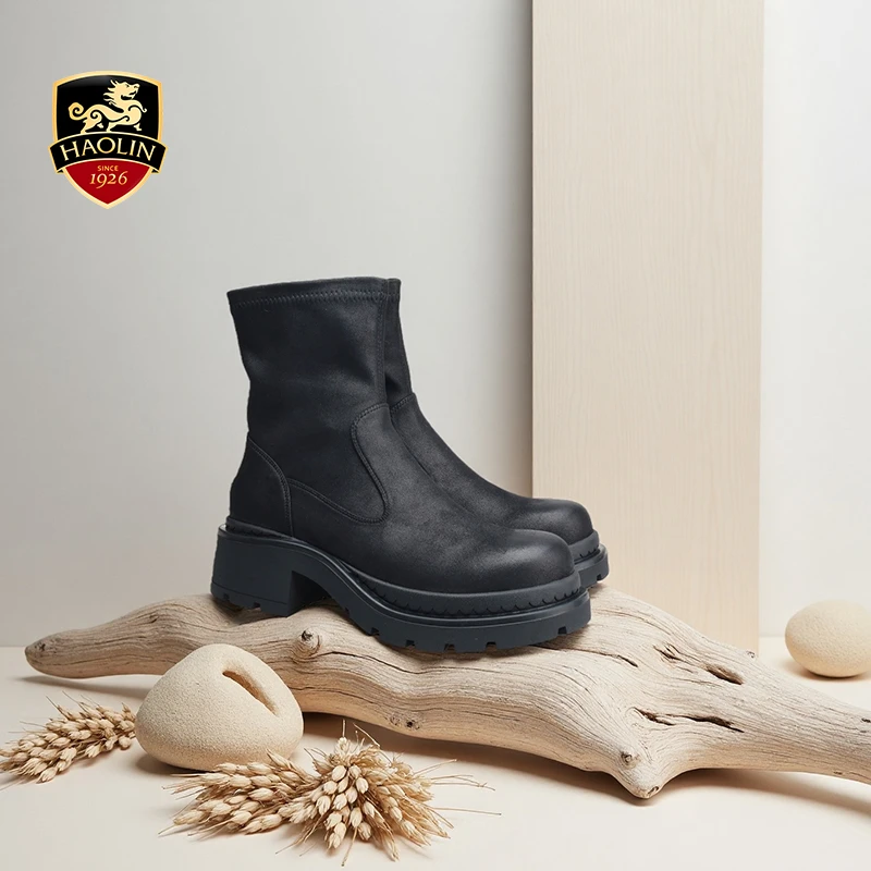 豪麟名鞋迪嘉女鞋厚底圆头时装短靴织物DJHJO52WN203