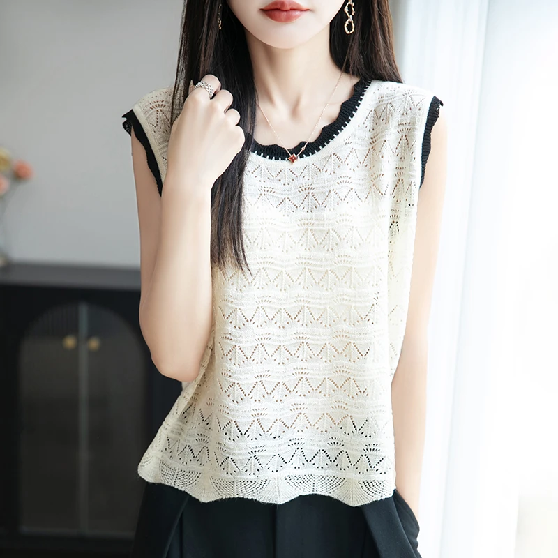 镂空夏季圆领无袖T恤宽松女薄款针织减龄洋气小衫甜美上衣背心潮