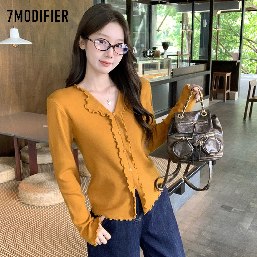 拉夏贝尔7M2025年秋高级感气质荷叶边开衫上衣洋气时髦百搭针织衫