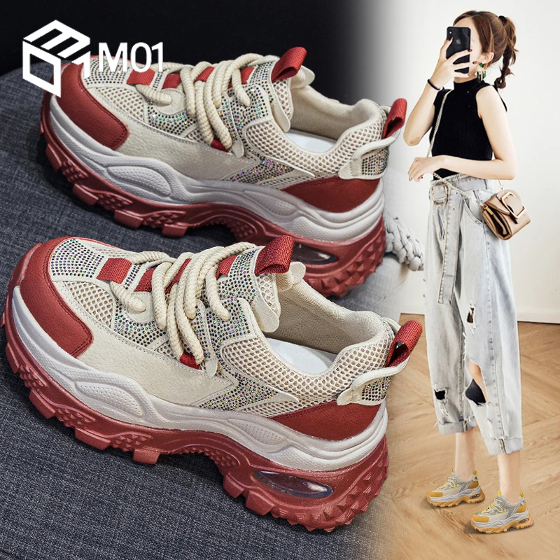 M01欧货厚底爆款老爹鞋女秋季新款增高水钻气垫网面女鞋运动网鞋