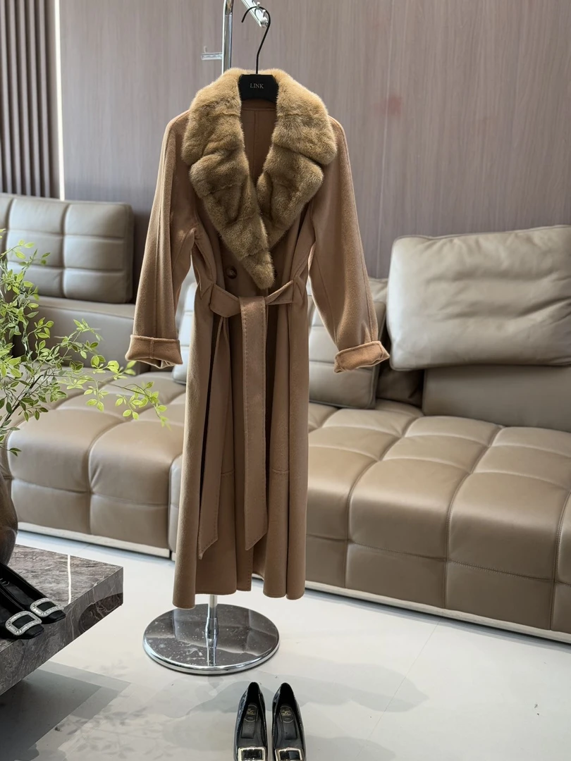 高端气质轻奢双面羊绒大衣女长款修身水貂毛领显瘦呢子外套时尚