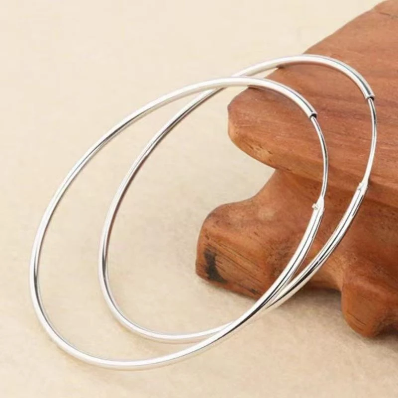 足银耳饰 熹棠足银盈宇耳环简约银耳圈夸张大耳圈50mm光面大圈圈