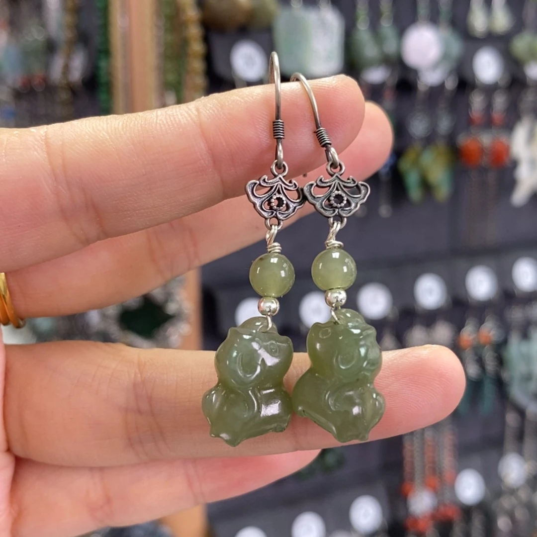 和田玉银S925镶嵌耳饰