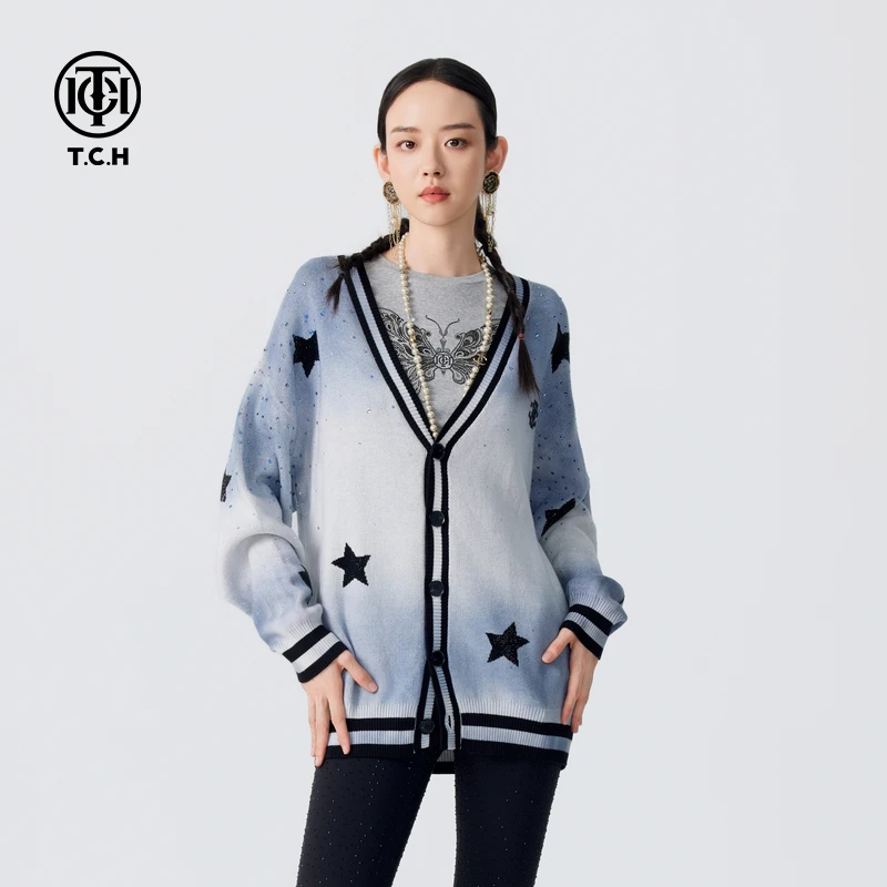 私服-TCH满天星烫钻扎染五角星V领长袖针织外套男女T72D438010