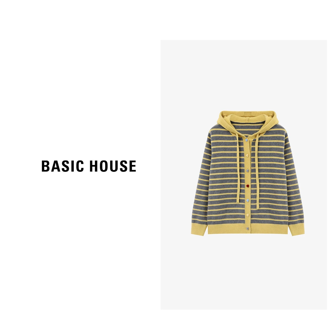 Basic House/百家好秋季新款条纹撞色抽绳设计感毛衣-B0625B5NJG2