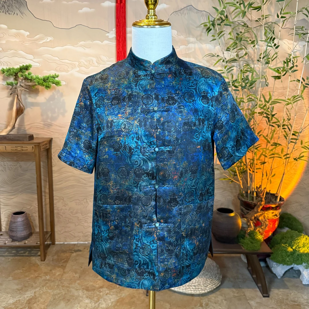 馨蕴古玥 新款香云纱花罗双面穿短袖  新中式唐装立领男士上衣