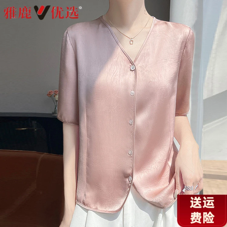 雅鹿复古时髦气质优雅独特别致醋酸缎面短流光风中老年缎面上衣