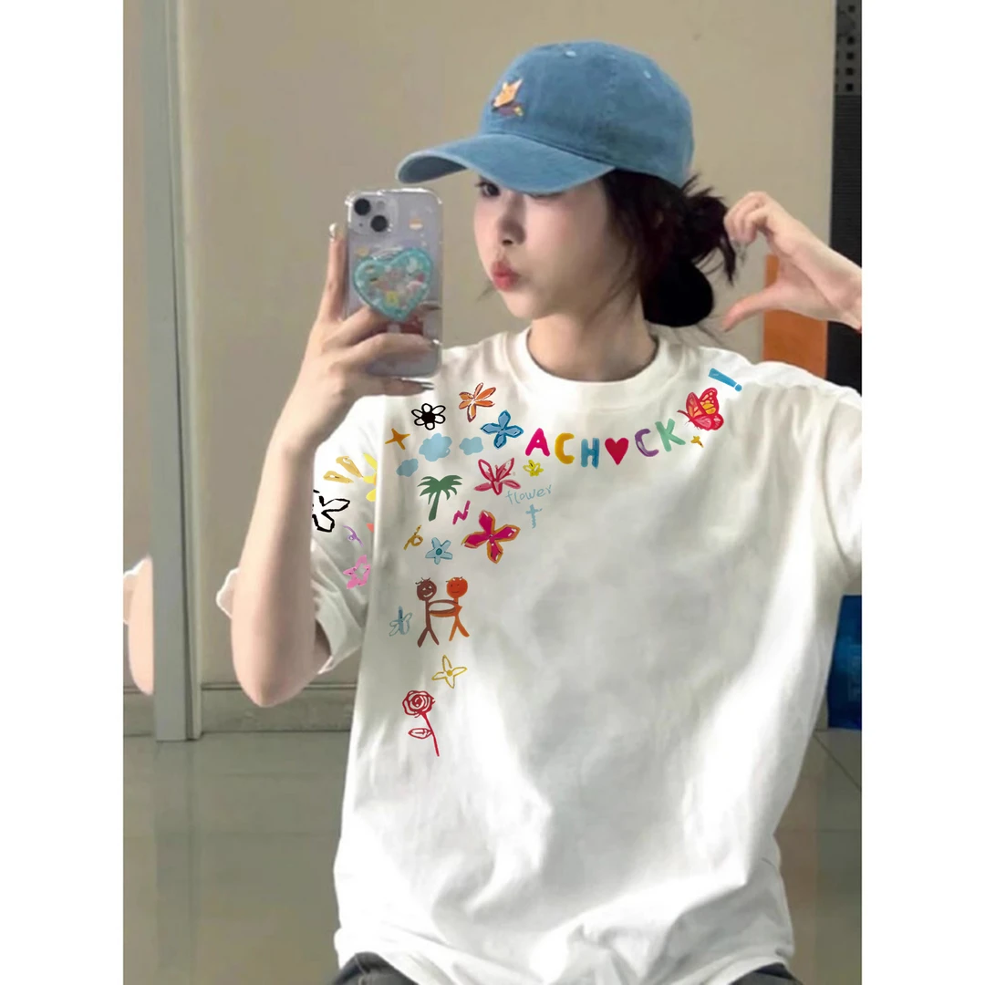 100%纯棉修身显瘦夏季彩色印花宽松薄款短袖t恤男女美式情侣半袖